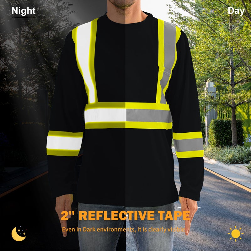 DPSAFETY Hi Vis Safety Long Sleeve Shirts,High Visibility Class 3 T Shirts with Reflective Strips and Pocket, Quick Dry Mesh Construction Work Shirt for Men/Women (Black,5XL) - Image 4